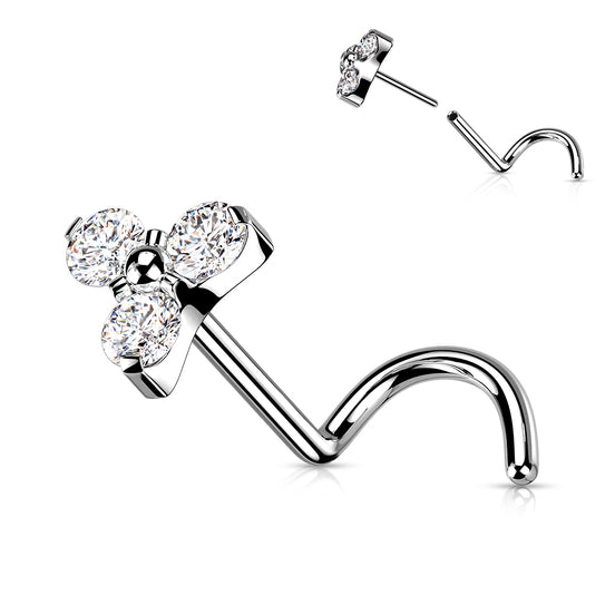 Prong Set CZ Trinity Nose Stud in silver, implant grade titanium, nose screw, 20G/18G