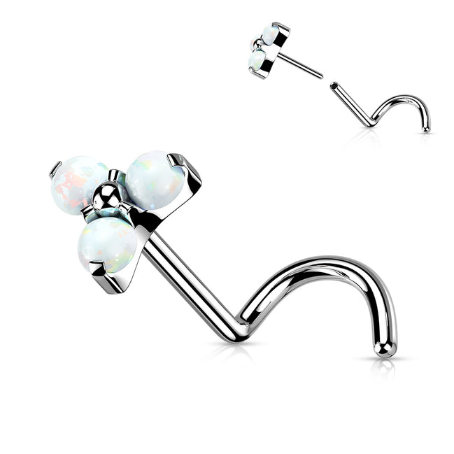 Prong Set Opal Trinity Nose Stud in silver, implant grade titanium, nose screw, 20G/18G