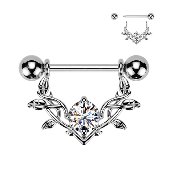 CZ Vine Dangle Nipple Barbell in silver, 316L surgical steel with brass vine charm, 14G