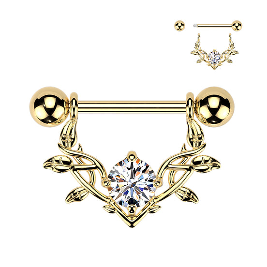 CZ Vine Dangle Nipple Barbell in gold, 316L surgical steel with brass vine charm, 14G