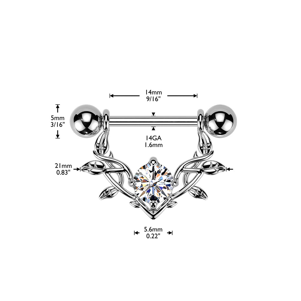 CZ Vine Dangle Nipple Barbell — 14G 316L Surgical Steel