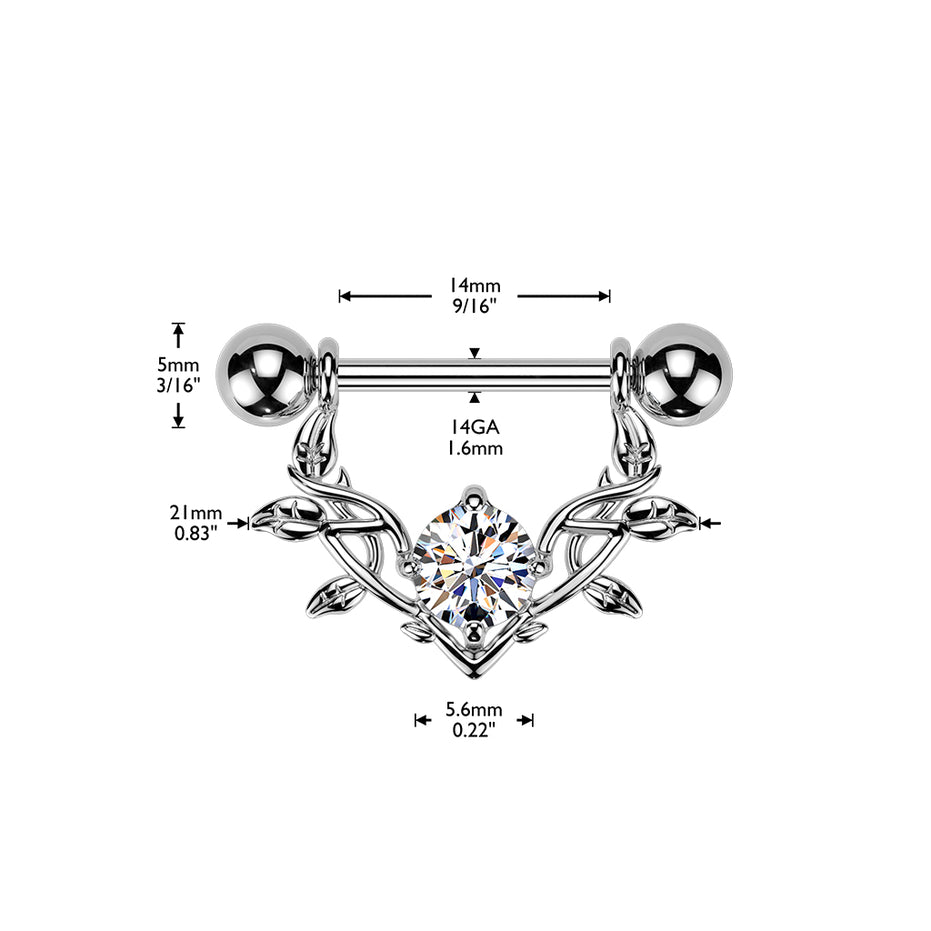 CZ Vine Dangle Nipple Barbell size diagram in silver, 316L surgical steel, 14G