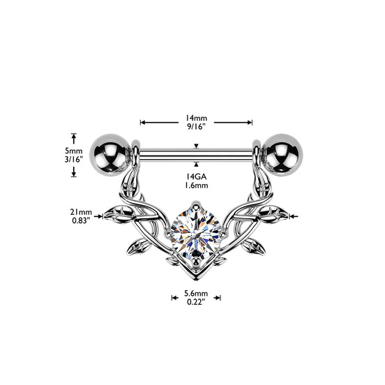 CZ Vine Dangle Nipple Barbell size diagram in silver, 316L surgical steel, 14G