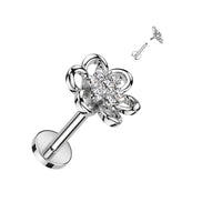 316L surgical steel internally threaded flat back with hollow flower CZ center top – Silver | Cartilage, helix, lobe & conch | Pressha