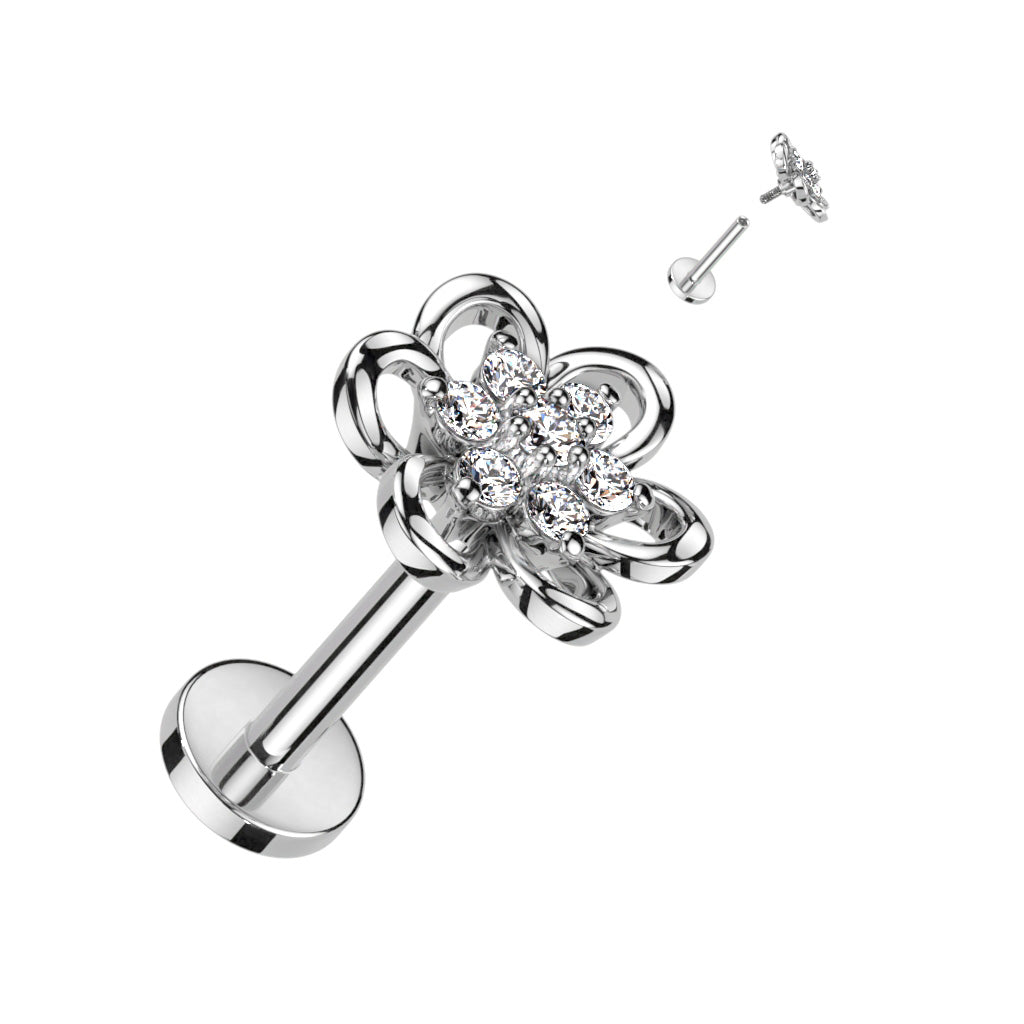 316L surgical steel internally threaded flat back with hollow flower CZ center top – Silver | Cartilage, helix, lobe & conch | Pressha