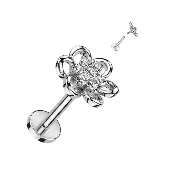 316L Surgical Steel Internally Threaded Flat Back Labret – Hollow Flower CZ Center Top