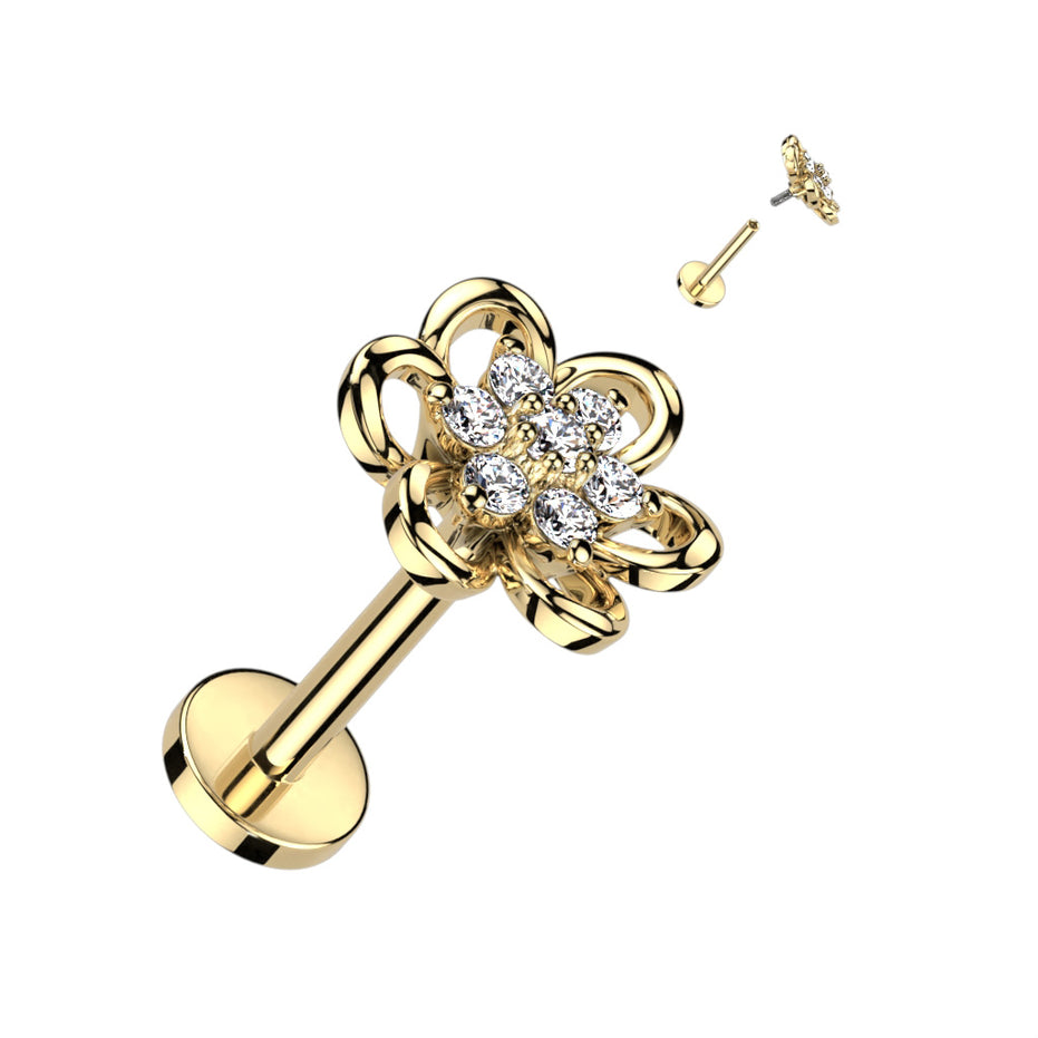 Hollow flower CZ flat back labret in gold PVD over surgical steel, 16G internally threaded flat back stud