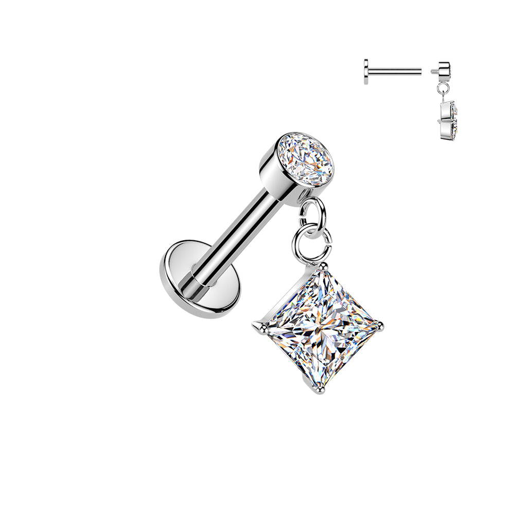 316L Flat Back Labret — Bezel & Diamond CZ Dangle
