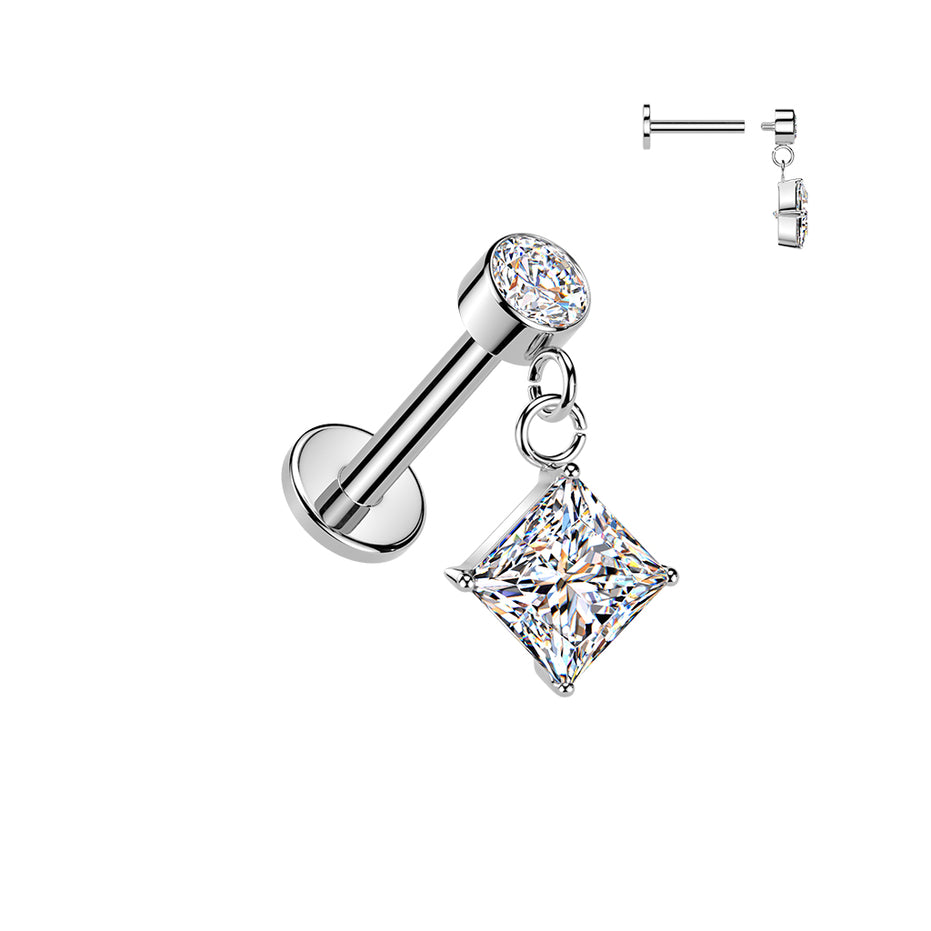 Bezel and diamond-cut CZ dangle flat back stud in silver, 16G 316L surgical steel internally threaded labret for helix and conch