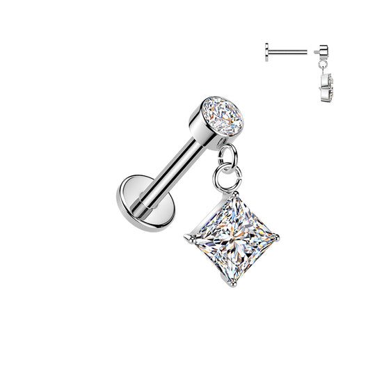 316L surgical steel internally threaded flat back with bezel CZ and diamond CZ dangle – Silver | Cartilage, helix, lobe, conch, tragus, lip & labret | Pressha