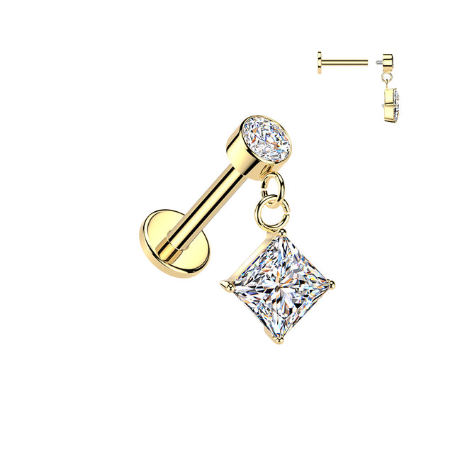 Bezel and diamond-cut CZ dangle flat back stud in 14K gold tone, 16G 316L surgical steel for cartilage and conch piercings