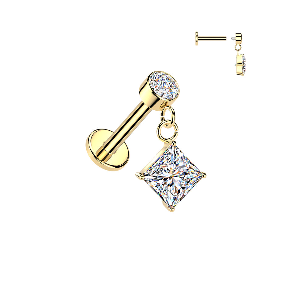 Bezel and diamond-cut CZ dangle flat back stud in 14K gold tone, 16G 316L surgical steel for cartilage and conch piercings