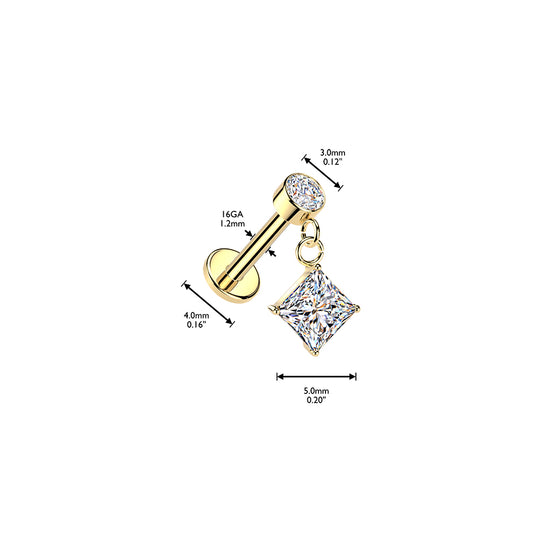 Side view of bezel CZ and diamond-cut CZ dangle flat back stud in silver, 16G 316L surgical steel internally threaded