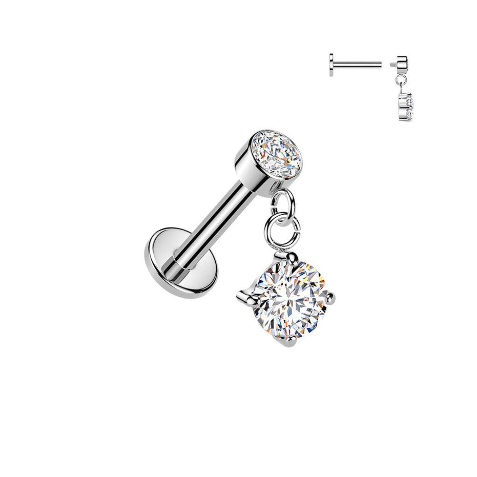 Solitaire CZ dangle flat back stud in silver, 16G 316L surgical steel threadless push-in for helix, conch & cartilage piercings
