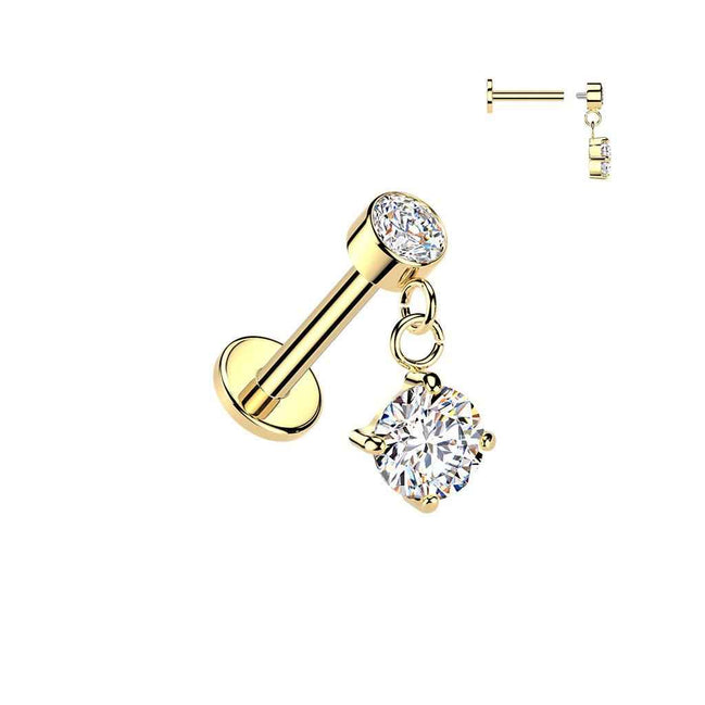 Solitaire CZ Dangle Flat Back Stud – 16G 316L Surgical Steel