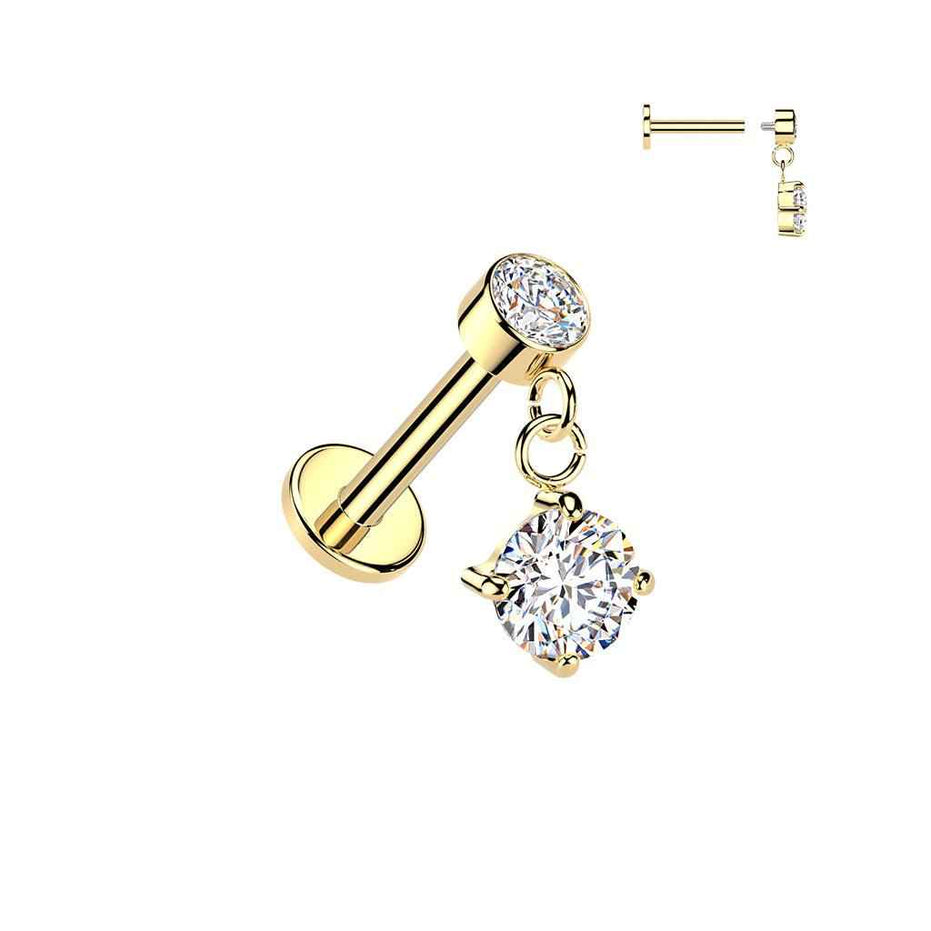 Solitaire CZ Dangle Flat Back Stud – 16G 316L Surgical Steel