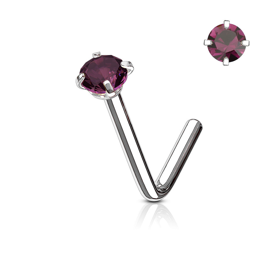 Round CZ Prong Set L-Bend Nose Stud in burgundy cubic zirconia, 316L surgical steel, L-bend post, 20G/18G