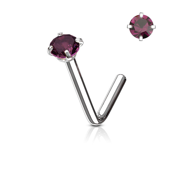 Round CZ Prong Set L-Bend Nose Stud in burgundy cubic zirconia, 316L surgical steel, L-bend post, 20G/18G