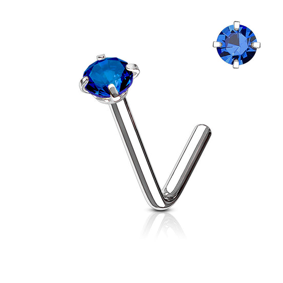 Round CZ Prong Set L-Bend Nose Stud in blue cubic zirconia, 316L surgical steel, L-bend post, 20G/18G