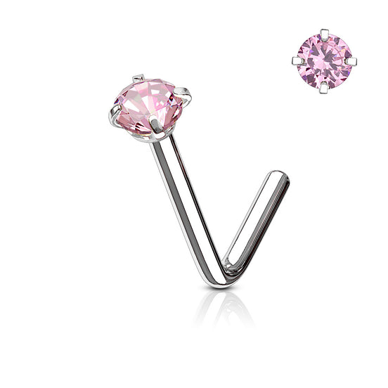 Round CZ Prong Set L-Bend Nose Stud in pink cubic zirconia, 316L surgical steel, L-bend post, 20G/18G