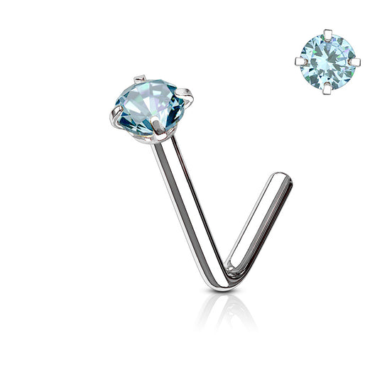 Round CZ Prong Set L-Bend Nose Stud in aqua cubic zirconia, 316L surgical steel, L-bend post, 20G/18G