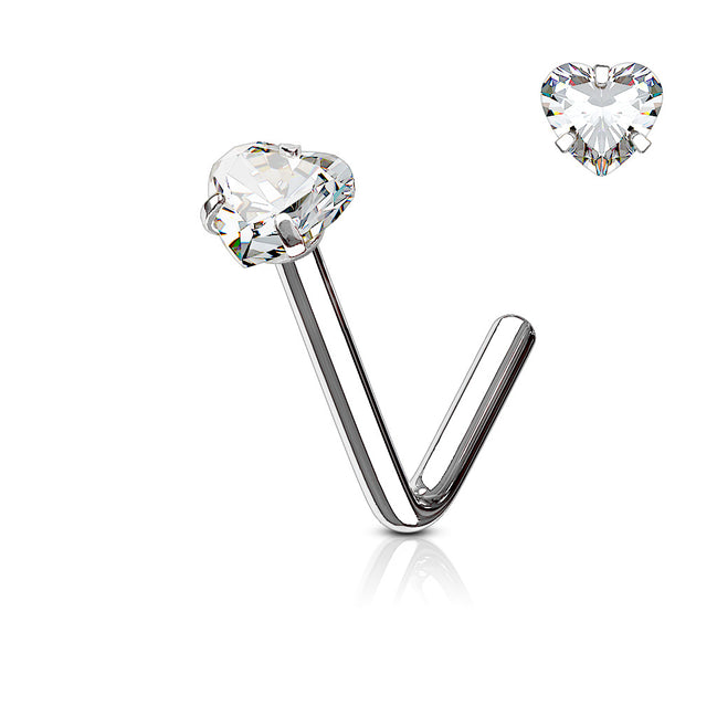 Heart CZ Prong Set Nose Stud – 20G & 18G 316L Surgical Steel L-Bend Nose Ring