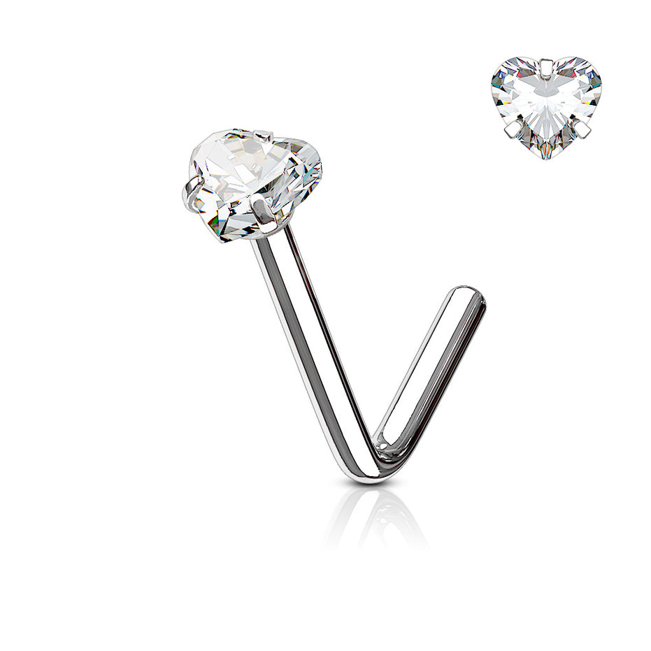 Heart CZ Prong Set Nose Stud in silver, 316L surgical steel, L-bend post, 20G/18G
