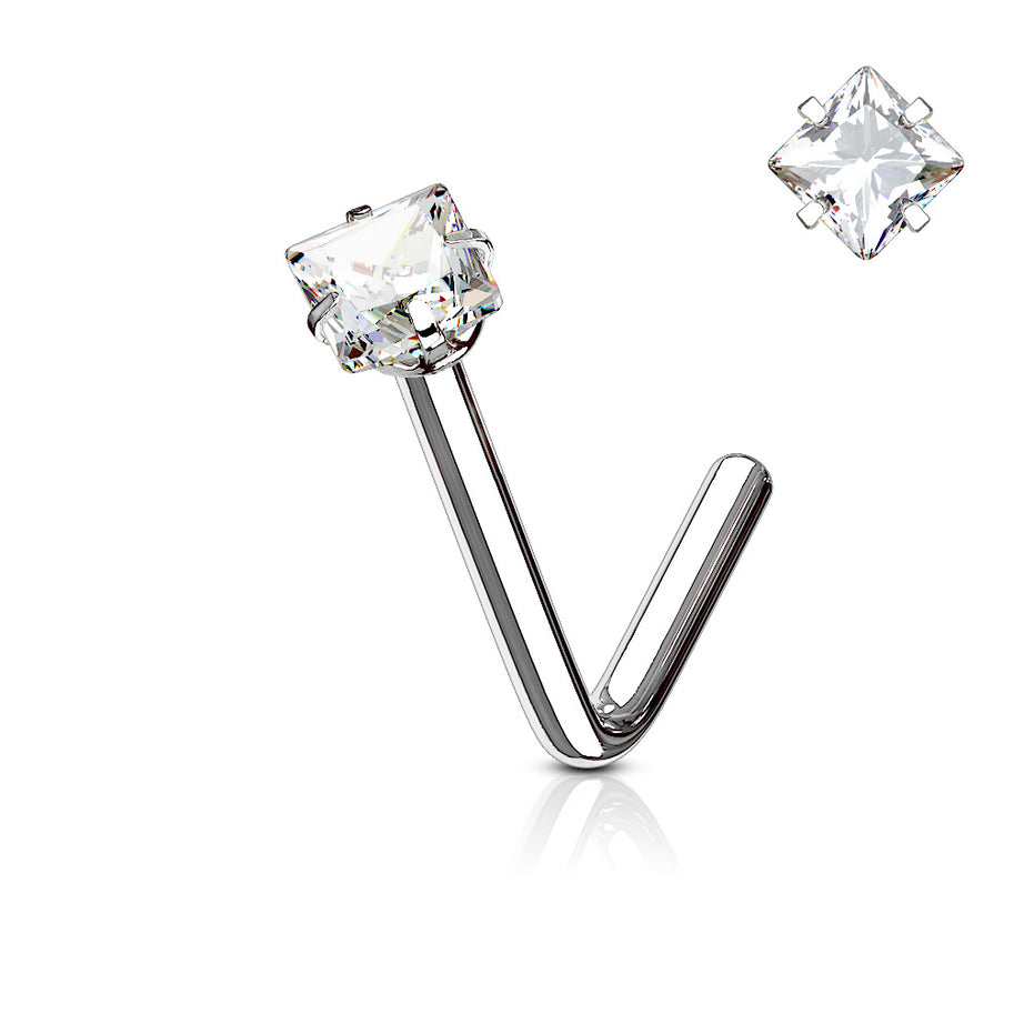 Square Princess Cut CZ Nose Stud in silver, 316L surgical steel, L-bend post, 18G/20G