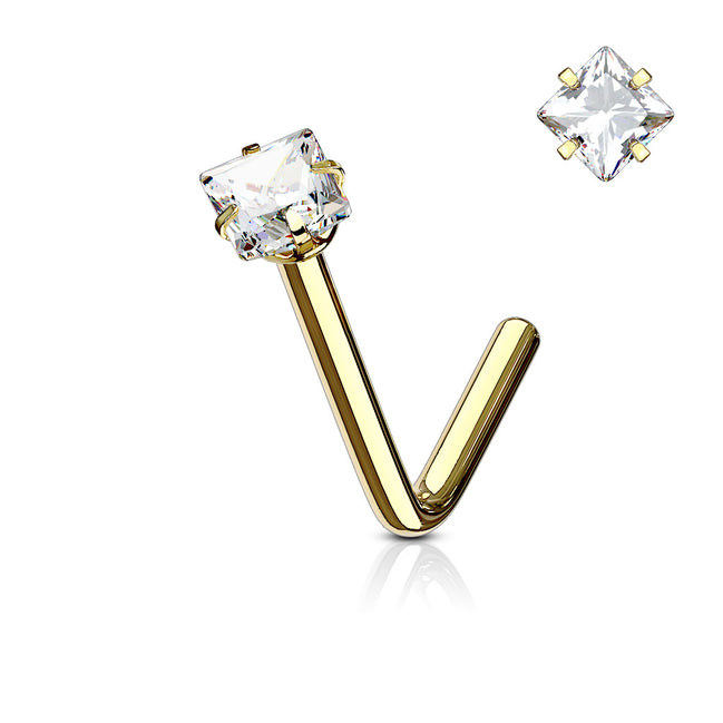 Square Princess Cut CZ Nose Stud in gold, 316L surgical steel, L-bend post, 18G/20G