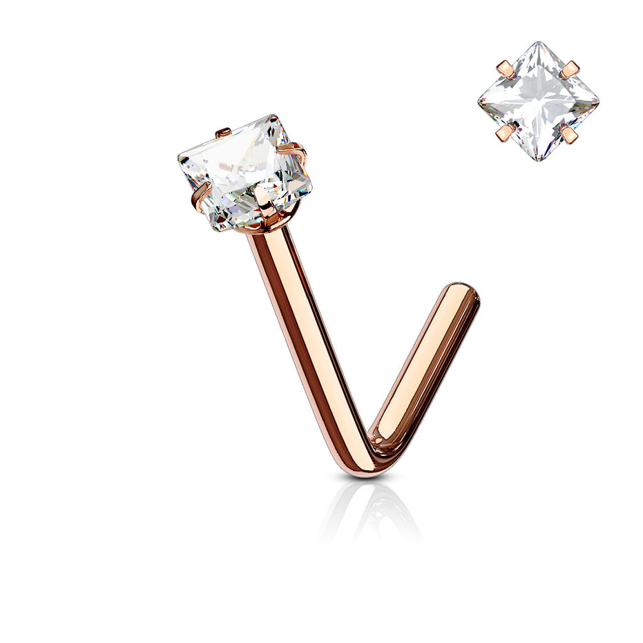 Square Princess Cut CZ Nose Stud in rose gold, 316L surgical steel, L-bend post, 18G/20G