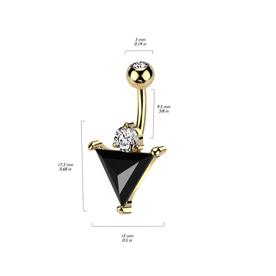 Dark triangle CZ belly button ring in silver with black CZ — 14G 316L surgical steel navel barbell by Pressha
