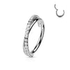 Criss-cross CZ pavé clicker hoop in silver, 16G 316L surgical steel hinged clicker for helix, conch & lobe piercings