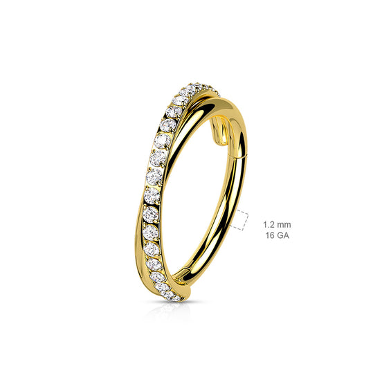 Angled view of criss-cross CZ pavé clicker hoop in gold tone, 16G 316L surgical steel dimensional sparkle hoop