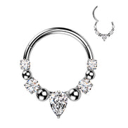 Ball & CZ Hinged Segment Hoop Ring with Teardrop CZ Center – 16G 316L Surgical Steel Septum & Daith Ring