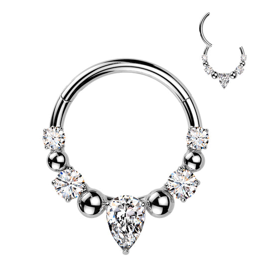 Teardrop CZ & Bead Septum & Daith Clicker Hoop in silver, 316L surgical steel, 16G, pear-cut CZ