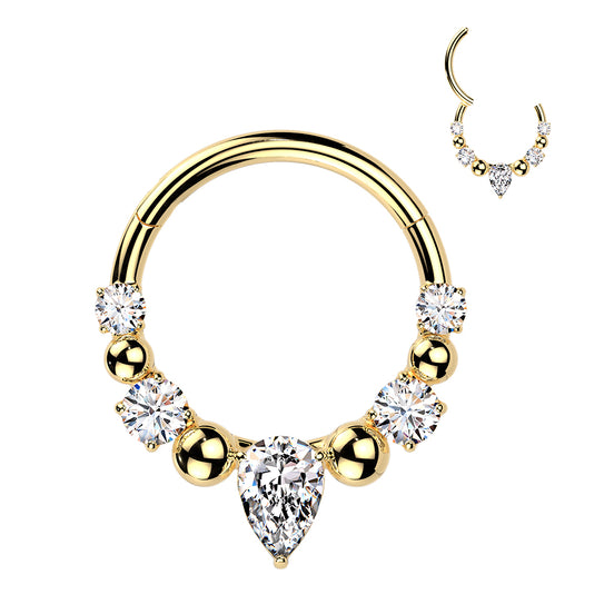 Teardrop CZ & Bead Septum & Daith Clicker Hoop in gold, 316L surgical steel, 16G, pear-cut CZ