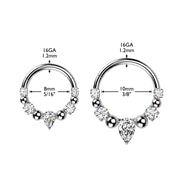 Ball & CZ Hinged Segment Hoop Ring with Teardrop CZ Center – 16G 316L Surgical Steel Septum & Daith Ring