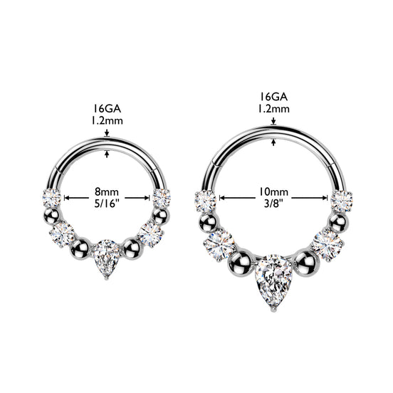 Teardrop CZ & Bead Septum & Daith Clicker Hoop pair in silver, 316L surgical steel, 16G