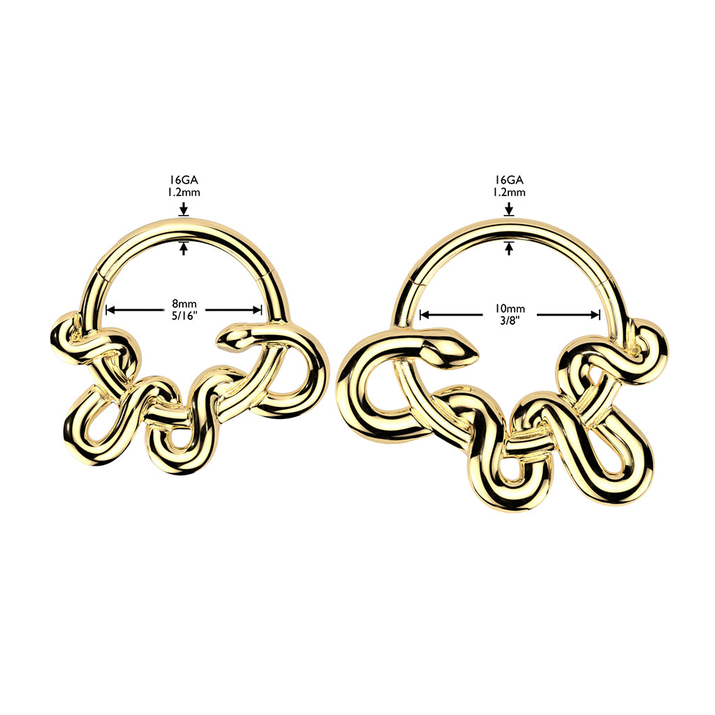 Close-up of snake hinged segment ring for septum and daith piercings