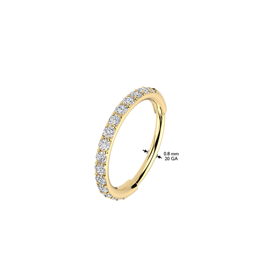 Outward Pavé CZ Hinged Nose Hoop Clicker close-up in gold PVD, 316L surgical steel, 20G