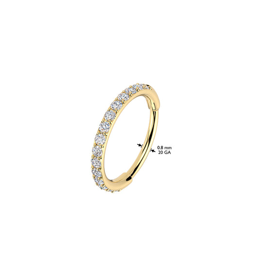 Outward Pavé CZ Hinged Nose Hoop Clicker close-up in gold PVD, 316L surgical steel, 20G