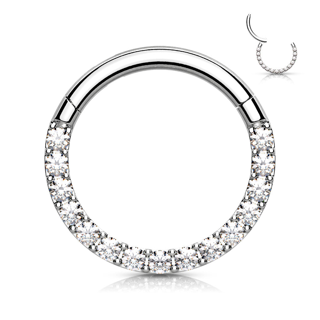 316L surgical steel hinged segment hoop with CNC-set CZ pavé front – Silver | Pressha
