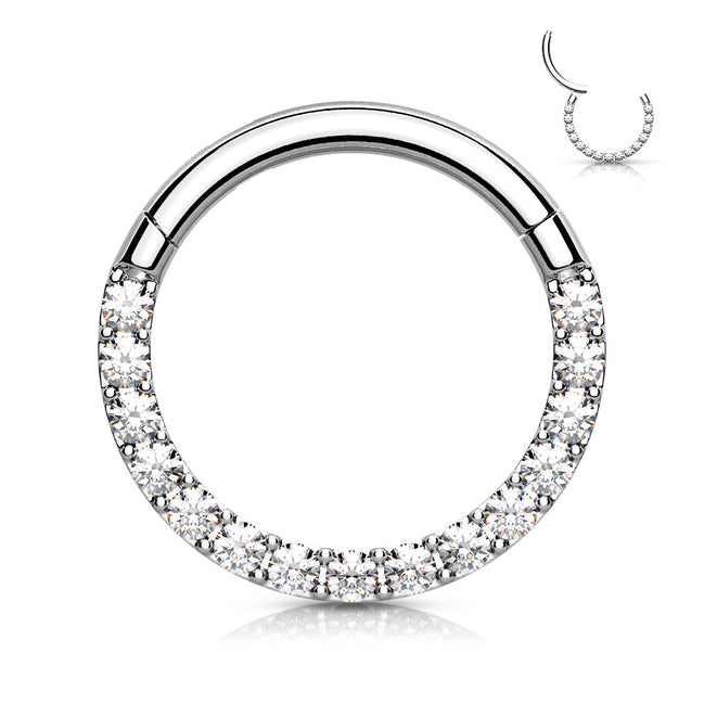 316L surgical steel hinged segment hoop with CNC-set CZ pavé front – Silver | Pressha