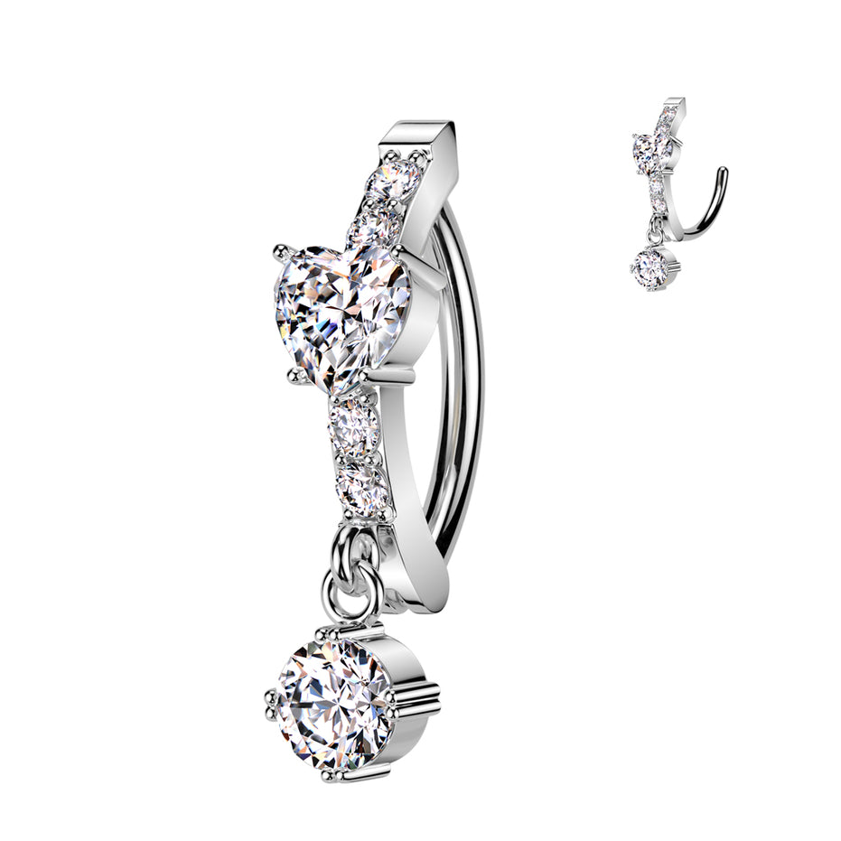 CZ heart center and dangle belly ring in silver — 14G 316L surgical steel hinged navel clicker by Pressha
