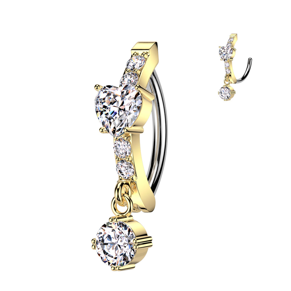 CZ heart center and dangle belly ring in gold — 14G 316L surgical steel hinged navel clicker by Pressha
