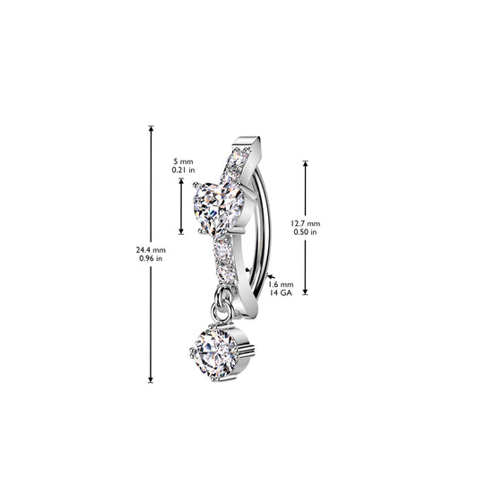 CZ heart center and dangle belly ring side view — 14G 316L surgical steel hinged navel clicker by Pressha
