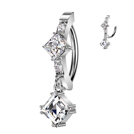 CZ diamond center and dangle belly ring in silver — 14G 316L surgical steel hinged navel clicker by Pressha
