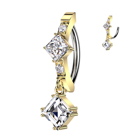 CZ diamond center and dangle belly ring in gold — 14G 316L surgical steel hinged navel clicker by Pressha
