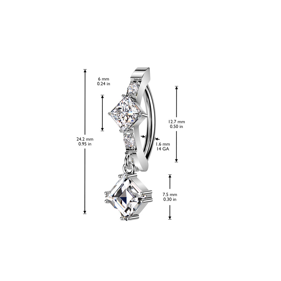 CZ diamond center and dangle belly ring in silver — 14G 316L surgical steel hinged navel clicker by Pressha

