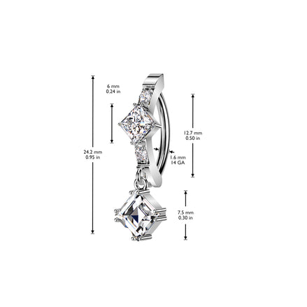CZ diamond center and dangle belly ring in silver — 14G 316L surgical steel hinged navel clicker by Pressha
